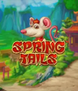 A whimsical illustration of a white rat wearing a red traditional Chinese outfit positioned in front of a picturesque mountain backdrop. The image is for the Spring Tails game by Betsoft, highlighted with striking red and gold logo text.